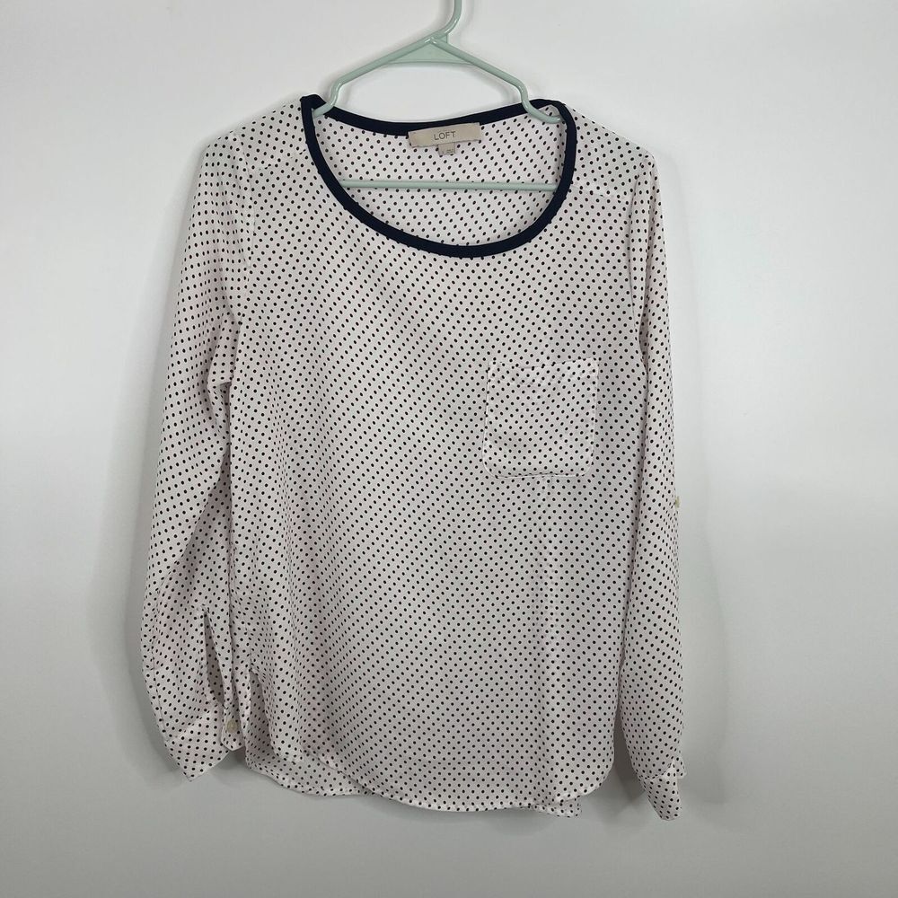 LOFT Ann Taylor Womens Blouse Size S Polka Dot Red Navy Blue Long Sleeve Pocket‎